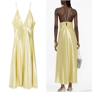 Forte Forte jacquard plunging V-neck midi dress in butter yellow